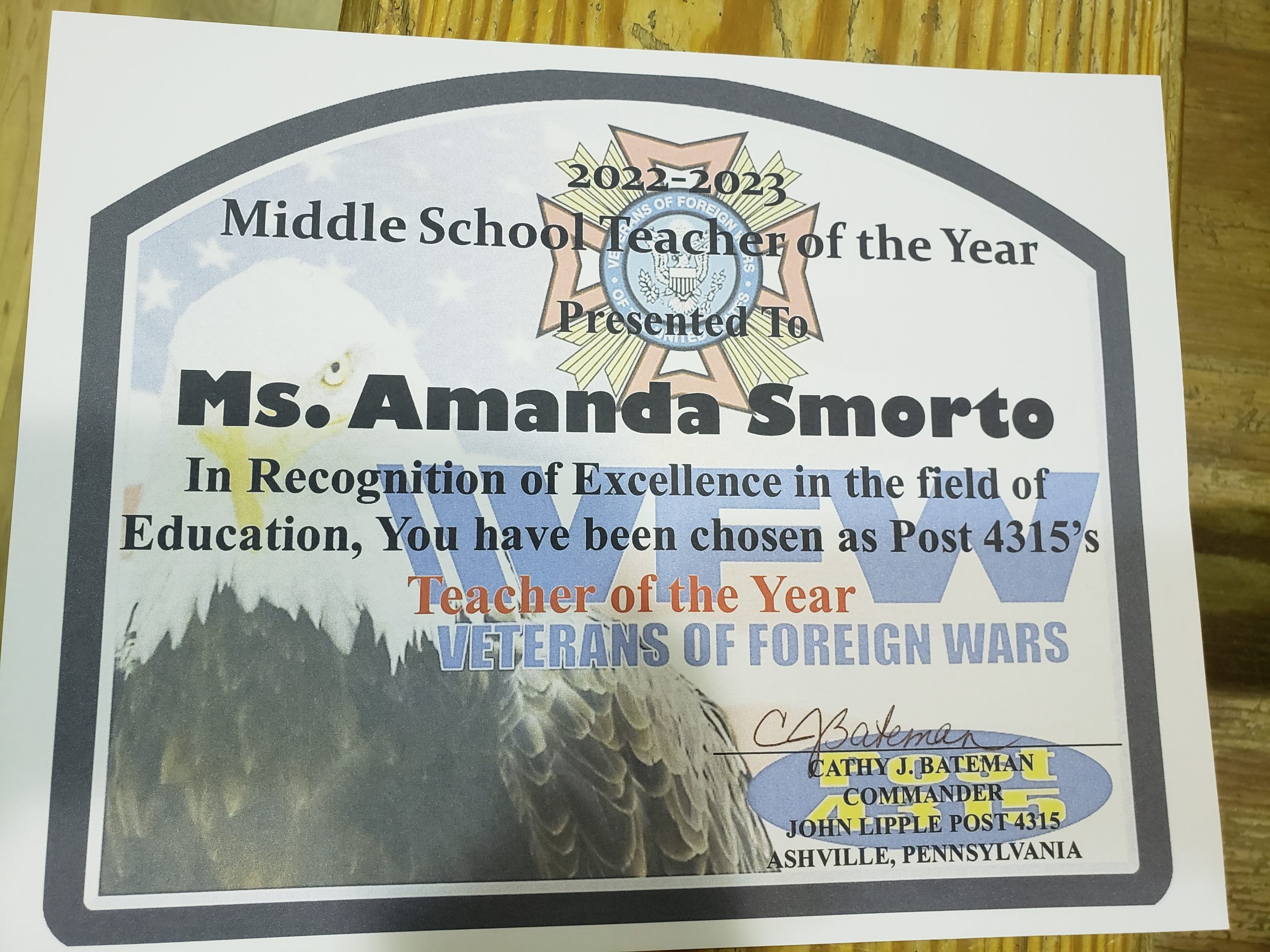 Congratulations Mrs. Amanda Smorto – Teacher of the Year Award