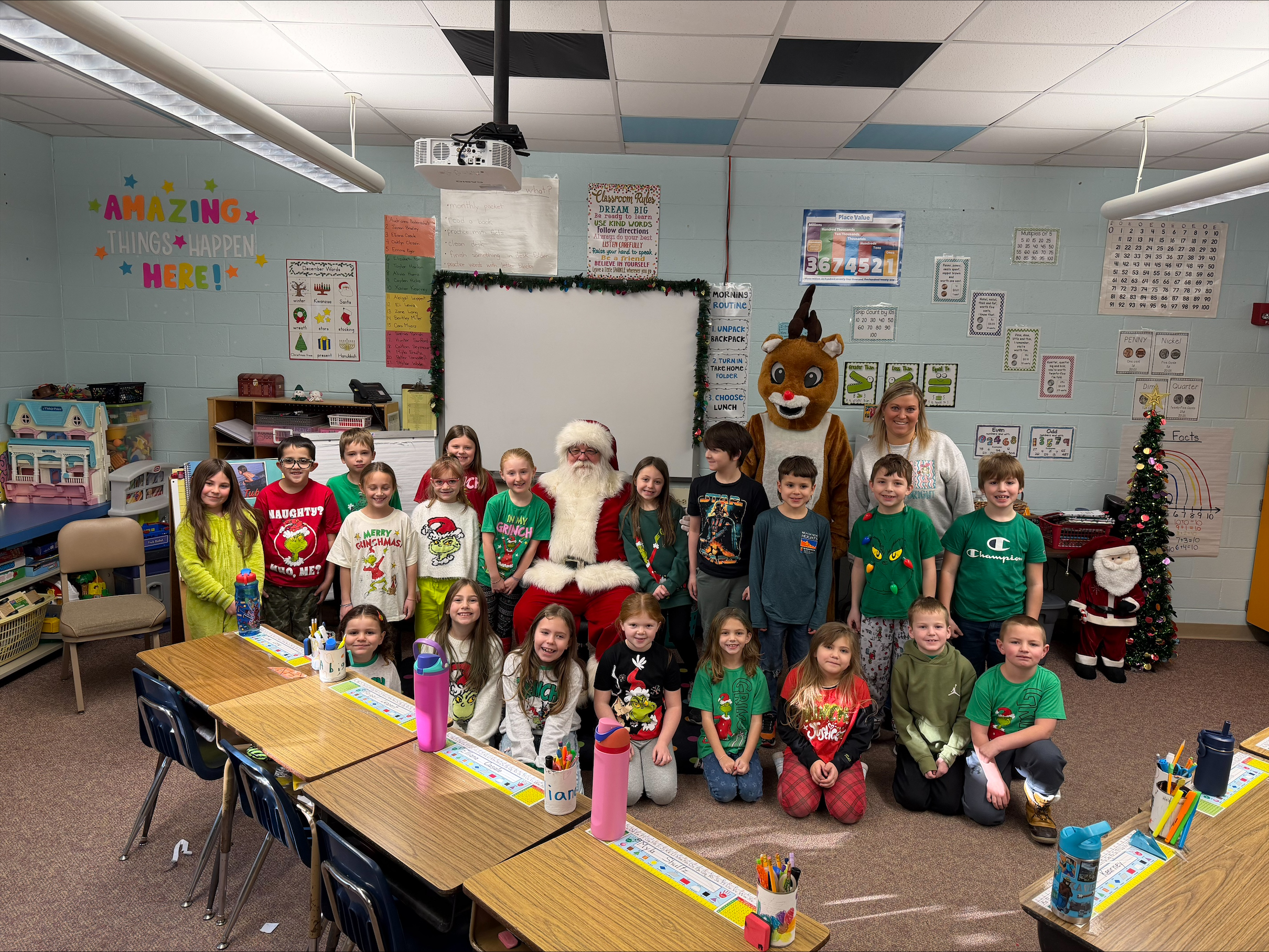 Santa and Rudolph visit Mrs. Michael’s class at PCI